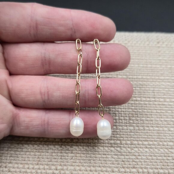 Jewelry - Gold Plated Genuine White Pearl Chain Earrings A6777
